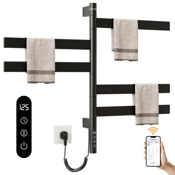 SIOYIE Smart Rotating Heated Towel Rack for Bathroom, 120W Electric Towel Warmer with Swivel Bars, 1-24H Timer, 115℉-155℉, Wi-Fi App Control, Low Carbon Steel, IPX5, Plug-in/Hardwired, Black