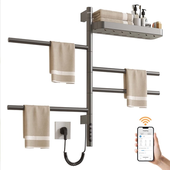 SIOYIE Smart Rotating Heated Towel Rack for Bathroom, 70W Electric Towel Warmer with Swivel Bars, 1-24H Timer, 115℉-155℉, Wi-Fi App Control, Low Carbon Steel, IPX5, Plug-in/Hardwired, Gray