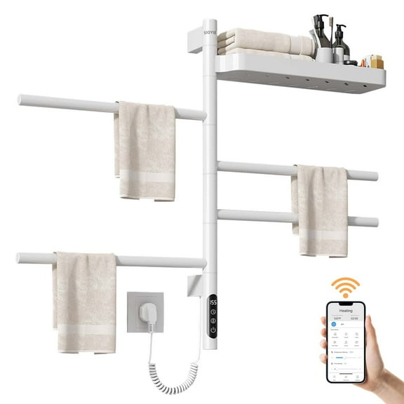 SIOYIE Smart Rotating Heated Towel Rack for Bathroom, 70W Electric Towel Warmer with Swivel Bars, 1-24H Timer, 115℉-155℉, Wi-Fi App Control, Low Carbon Steel, IPX5, Plug-in/Hardwired, White