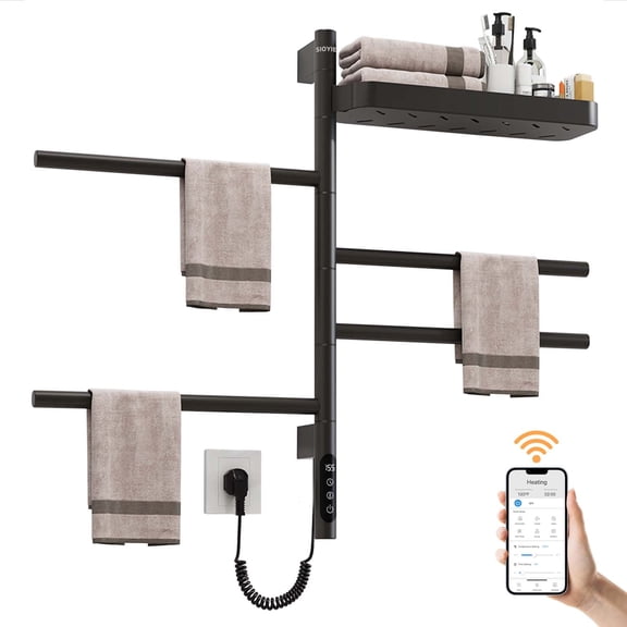 SIOYIE Smart Rotating Heated Towel Rack for Bathroom, 70W Electric Towel Warmer with Swivel Bars, 1-24H Timer, 115℉-155℉, Wi-Fi App Control, Low Carbon Steel, IPX5, Plug-in/Hardwired, Black