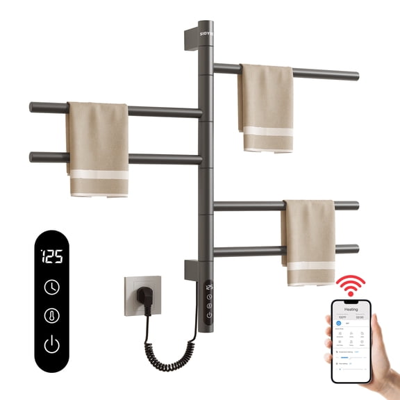 SIOYIE Smart Rotating Heated Towel Rack for Bathroom, 90W Electric Towel Warmer with Swivel Bars, 1-24H Timer, 115℉-155℉, Wi-Fi App Control, Low Carbon Steel, IPX5, Plug-in/Hardwired, Gray