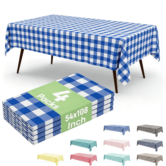 SIRIA 4 Packs Buffalo Disposable Table Cloth, 54 X 108 Inch Waterproof Plastic Tablecloth, Rectangle Blue and White Checkered Table Covers for Picnic, Birthday, Party, Back to School