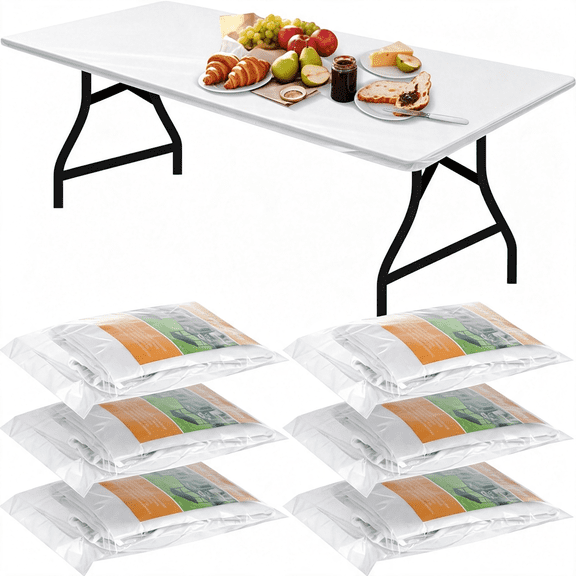 SIRIA 6 Pcs Disposable Plastic Tablecloth Parties Picnic Table Covers with Elastic Fitted Elastic Plastic Table Cover Rectangle Waterproof for Indoor,Outdoor,Picnic,Camping (96 X 30",White)