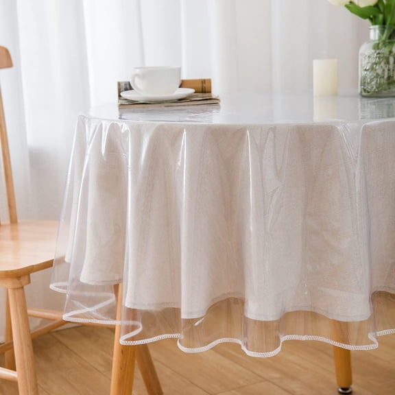 SIRIA Clear Heavy Duty Vinyl Tablecloth with Sewn Finished Edges Round Waterproof Oil-Proof Stain Resistant Plastic Table Cover Protector (Sewn Edges Clear Round Table Cover Protector Round 60")