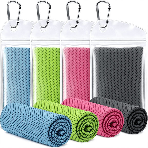 SIRIA Cooling Towels,4 Pack(40X12)Chilly Ice Rags for Neck and Face,Dark Gray+Grayish Blue+Pink+Green,Soft Breathable,Sports and Outdoor Workouts,Comes with Storage Bags&Carabiners