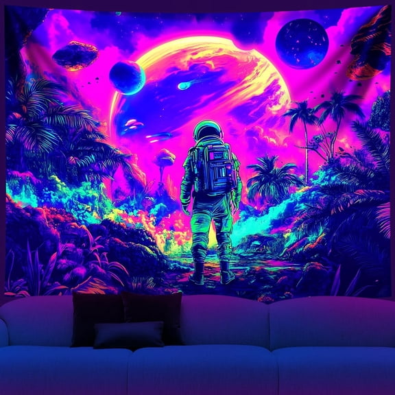 SIRIA Tapestry Blacklight Space Astronaut Mushroomtapestries Fantasy Forest Trippy Starry Sky Tapestry Cool Wall Hanging Neon Nature Plant Wall Hanging Decor for Bedroom 79X59 in
