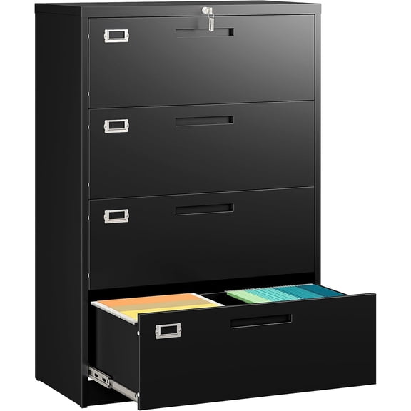 SISESOL 4 Drawer Lateral File Cabinet with Lock,Black Lateral Filing Cabinet,Horizontal Metal Filing Cabinets,Locked Wide Four Drawer File Cabinets for Office Home,Fit A4/F4/Letter/Legal File