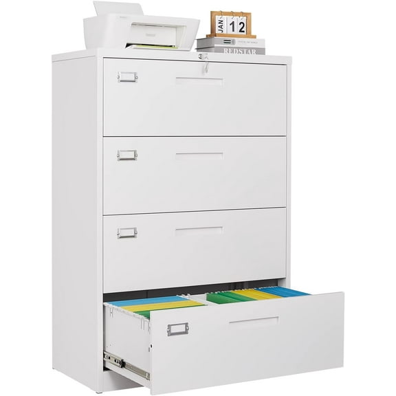 SISESOL 4 Drawer Lateral File Cabinet with Lock,White Lateral Filing Cabinet,Horizontal Metal Filing Cabinet,Locked Wide Four Drawer File Cabinet for Office Home,Fit A4/F4/Letter/Legal File