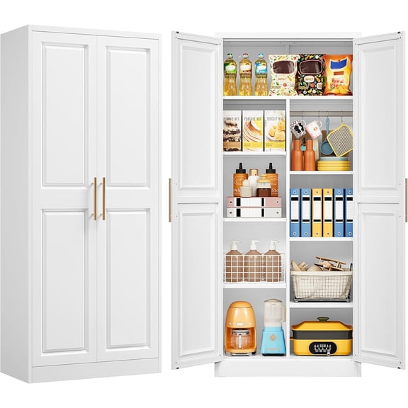 SISESOL 71" Tall Storage Cabinet with 9 Shelves and Hanging Rod,Kitchen Pantry Cabinet with 2 Door,White Metal Storage Cabinets,Large Cupboard for Home,Kitchen,Laundry,Bathroom