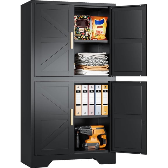 SISESOL Black Storage Cabinet with 4 Doors and 2 Adjustable Shelves,Farmhouse Food Pantry Cabinets,Small Bathroom Cabinet,4 Tier Metal Storage Cabinets for Home Kitchen,Dining/Living/Laundry/Room