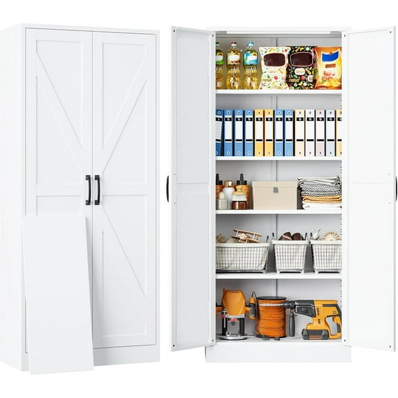 SISESOL Metal Storage Cabinet with 2 Doors and 5 Shelves,61 inch White Pantry Storage Cabinet,Large Farmhouse Pantry Cupboard for Home,Kitchen,Dining/Living Room