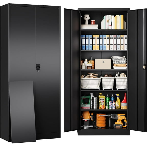 SISESOL Metal Storage Cabinet with 2 Doors and 6 Shelves,71" Lockable Garage Storage Cabinet,Black Metal Cabinets with Lock,Locking Steel Cabinets for Home,Office,Garage,Shop,School