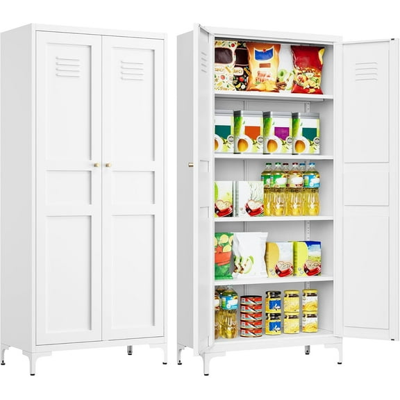 SISESOL Metal Storage Cabinet with Doors and Shelves,WhiteStorage Cabinet with Leg & Vent Hole,Food Pantry Cabinets,5 Tier Metal Pantry,Tall Large Cupboard for Home,Kitchen,Dining/Living/Laundry Room