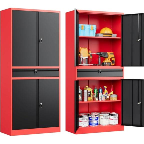 SISESOL Metal Storage Cabinet with Drawer and Lock,Garage Storage Cabinet with Locking Doors and Shelves,71" Black Red Metal Cabinets,Lockable Steel Tool Cabinets for Garage,Home,Office,Shop