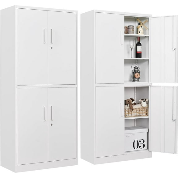 SISESOL Metal Storage Cabinets with Doors And Shelves, 71'' Garage Cabinet Locking, Adjustable Layers For Home Gym, bathroom, kitchen, office, White