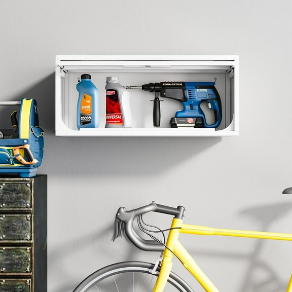 SISESOL Metal Wall Cabinet with Up-Flip Door, 13.7" H Mounted Storage Cabinet with Lock Garage Storage, White Floating Tool Cabinet for Garage/Basement/Kitchen/Warehouse