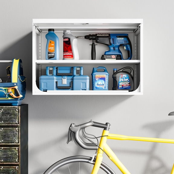 SISESOL Metal Wall Storage Cabinet with Up-Flip Door, 21.6" H Mounted Storage Cabinet with Lock 1 Shelf Garage Storage, White Floating Tool Cabinet for Garage/Basement/Kitchen/Warehouse