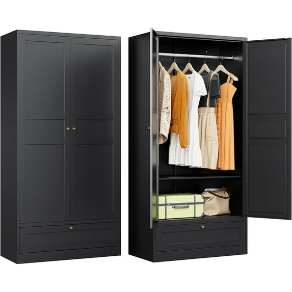SISESOL Metal Wardrobe Cabinet with Drawer,Armoire Wardrobe Closet with Doors,Black Metal Clothing Storage Cabinet with Adjustable Shelves and Hanging Rod for Home,Bedroom Armoires