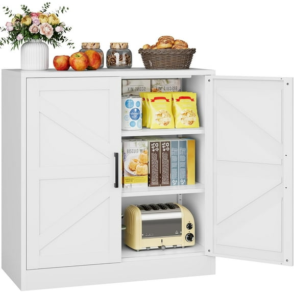 SISESOL White Storage Cabinet with Doors and Adjustable Shelves,33.5" Farmhouse Food Pantry Cabinets,Small Sideboard Cabinet,Short Metal Storage Cabinets for Home Kitchen,Dining/Living/Laundry/Room