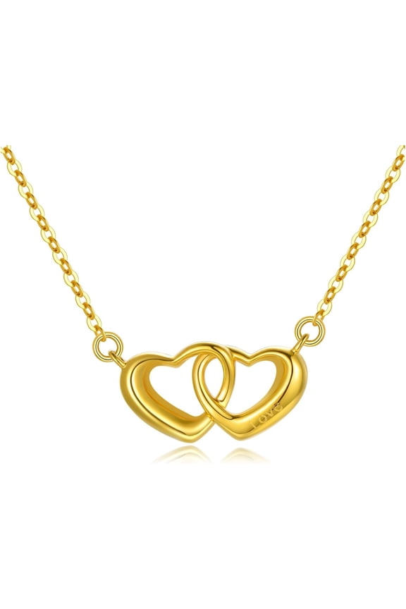 SISGEM 18k Yellow Gold Double Heart Necklace for Women, Engraved Love Gold Jewelry Gifts for Wife, Present for Her, 17"