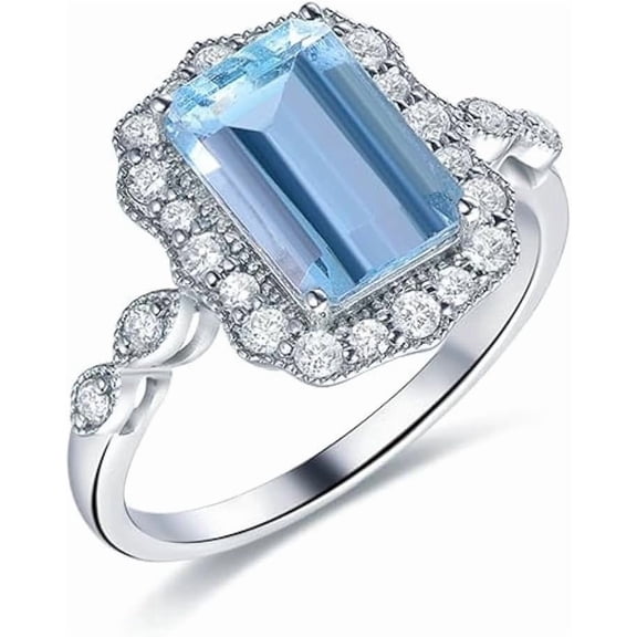 SISGEM 2 Carat(ctw) Aquamarine Ring Vintage Blue Sterling Silver Emerald Cut Aquamarine Rings for Women Moissanite Engagement Rings for Women/Girlfriend