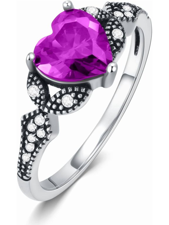 2ct Vintage Birthstone Heart Ring 925 Sterling Silver Retro Oxidized Band Ring with Crystal from Austria, Birthday Anniversary Jewelry Gifts for Women Her