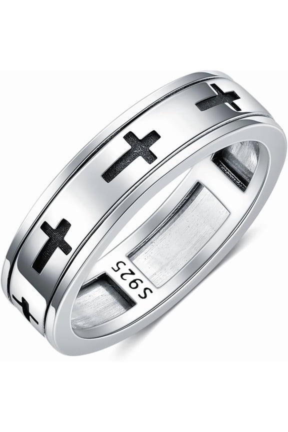 6mm Cross Rings for Men 925 Sterling Silver Lord’s Prayer Spinner Ring Wedding Band Ring for Men Women Size 8/9/10/11/12