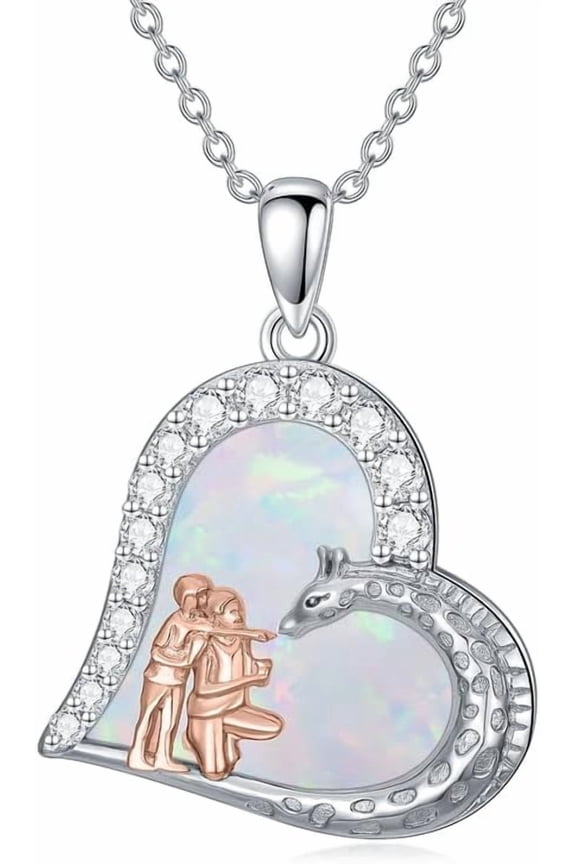 925 Sterling Silver Animal Companion Series Opal Necklace for men and Women Giraffe/Tiger/Dog/Cat/Bear/Deer/Cow/Fox