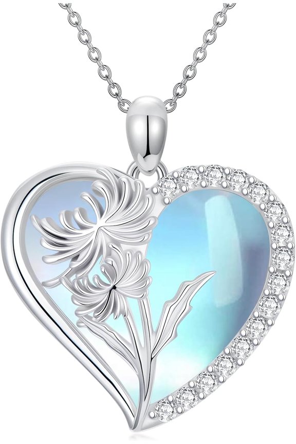 925 Sterling Silver Birth Flower Necklace for Women, Moonstone Sunflower/Tulip/Rose Necklace, Flower Pendant Necklace for Mother's Day Birthday Anniversary, with 18+2inch Chain