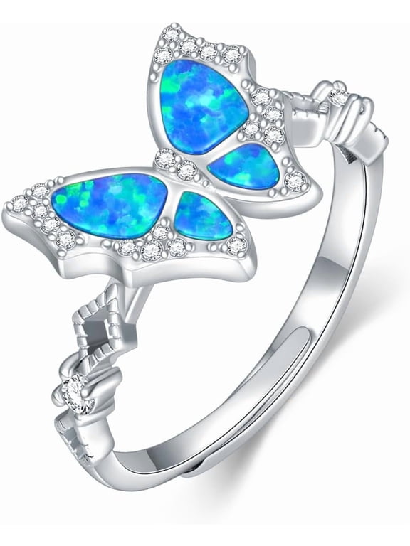 925 Sterling Silver Butterfly Ring for Women Oval Blue Opal Stone Jewelry for Her Wife Mom Adjustable Size