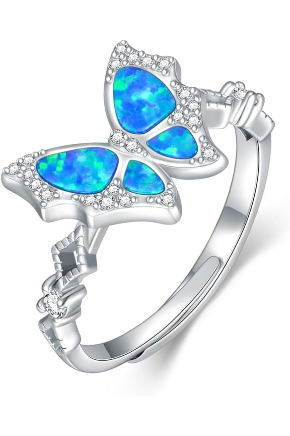 925 Sterling Silver Butterfly Ring for Women Oval Blue Opal Stone Jewelry for Her Wife Mom Adjustable Size