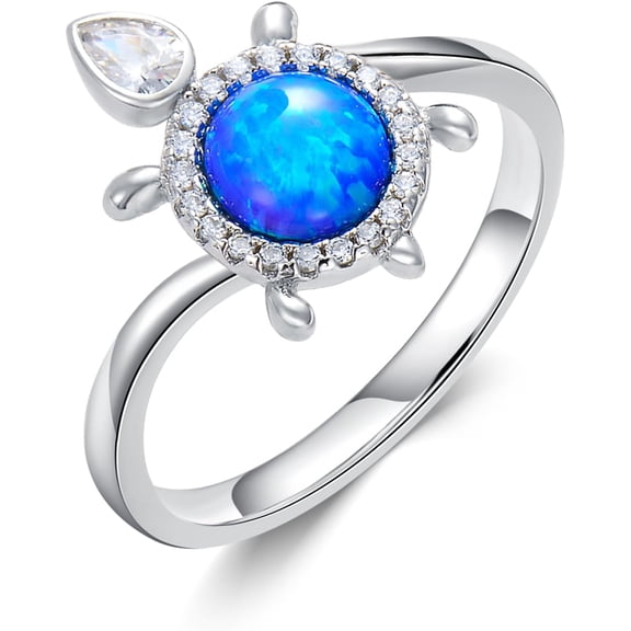 SISGEM 925 Sterling Silver Created Blue Opal Rings Cute Sea Turtles Ring with CZ for Women Ocean Style Jewelry for Her