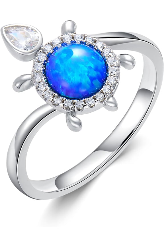 925 Sterling Silver Created Blue Opal Rings Cute Sea Turtles Ring with CZ for Women Ocean Style Jewelry for Her