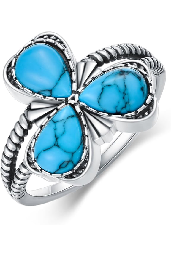 925 Sterling Silver Created Turquoise Rings for Women 3 Leaf Clover Statement Ring Heart Blue Lucky Jewelry for Her