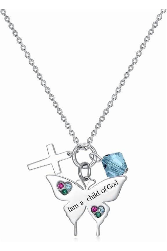 925 Sterling Silver Cross Butterfly Necklace Baptism Communion Birthday Conformation Gifts for Daughter Granddaughter Niece with 12 Birthstones
