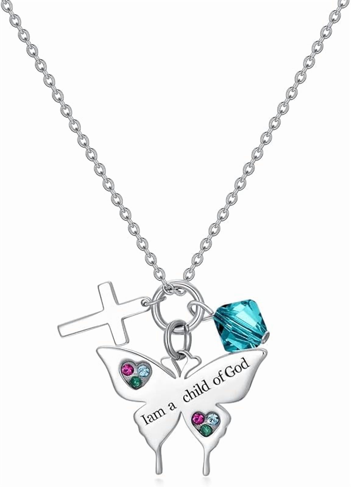SISGEM 925 Sterling Silver Cross Butterfly Necklace Baptism Communion Birthday Conformation Gifts for Daughter Granddaughter Niece with 12 Birthstones