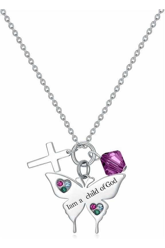 925 Sterling Silver Cross Butterfly Necklace Baptism Communion Birthday Conformation Gifts for Daughter Granddaughter Niece with 12 Birthstones