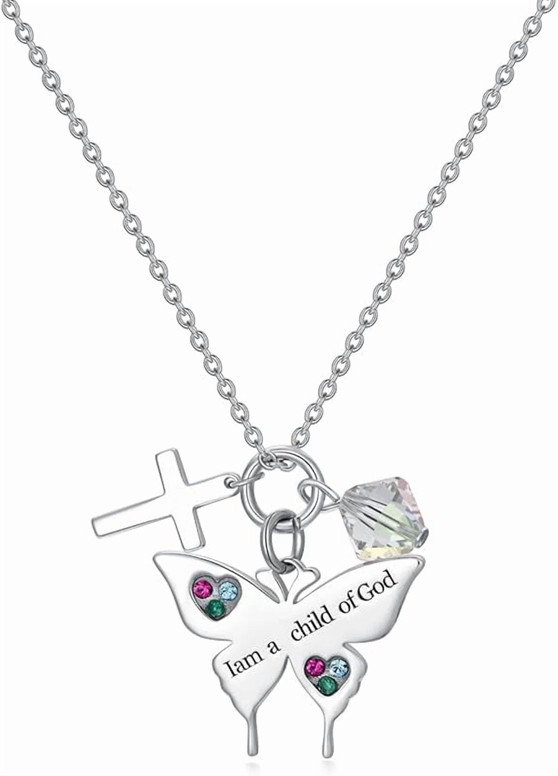 SISGEM 925 Sterling Silver Cross Butterfly Necklace Baptism Communion Birthday Conformation Gifts for Daughter Granddaughter Niece with 12 Birthstones