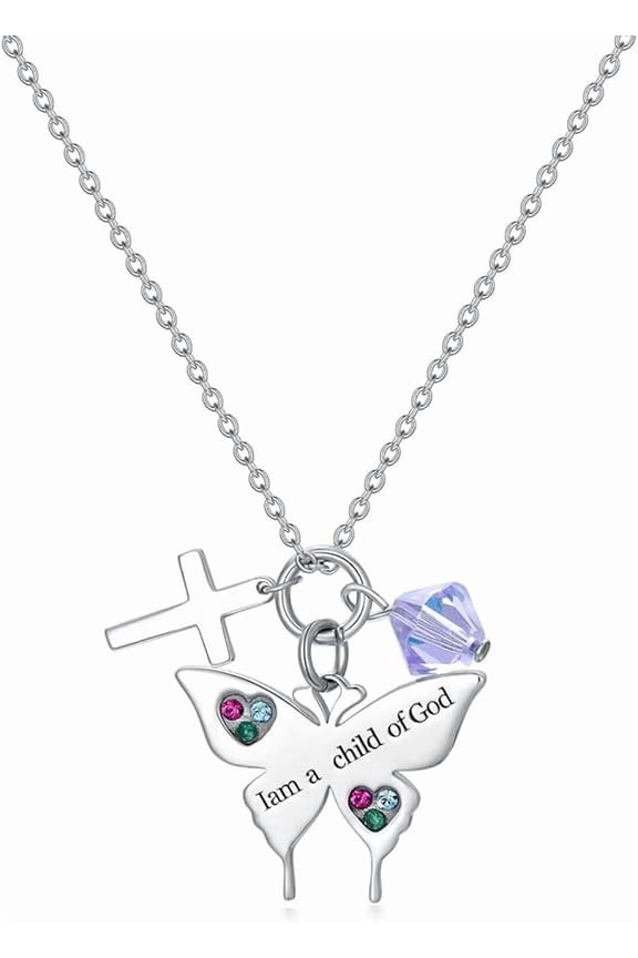 925 Sterling Silver Cross Butterfly Necklace Baptism Communion Birthday Conformation Gifts for Daughter Granddaughter Niece with 12 Birthstones