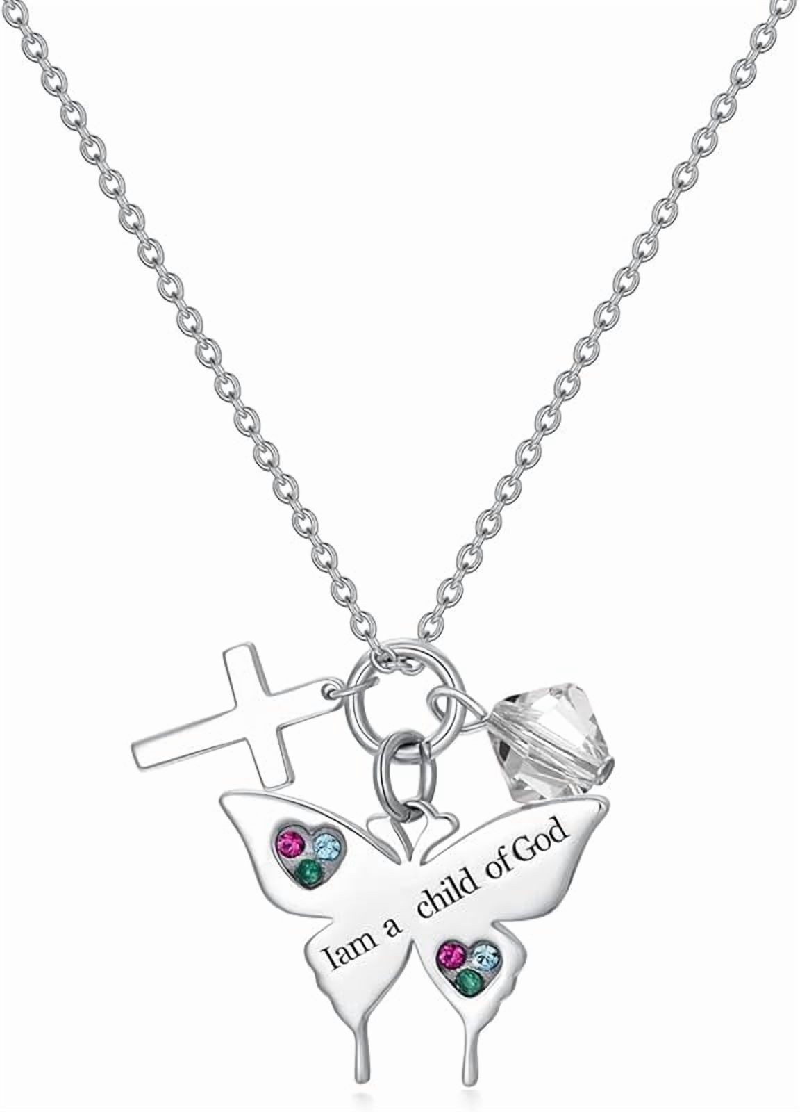 SISGEM 925 Sterling Silver Cross Butterfly Necklace Baptism Communion Birthday Conformation Gifts for Daughter Granddaughter Niece with 12 Birthstones