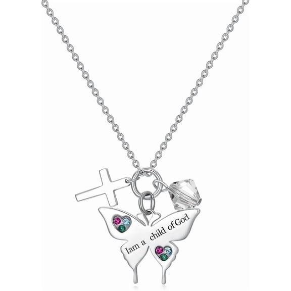 SISGEM 925 Sterling Silver Cross Butterfly Necklace Baptism Communion Birthday Conformation Gifts for Daughter Granddaughter Niece with 12 Birthstones