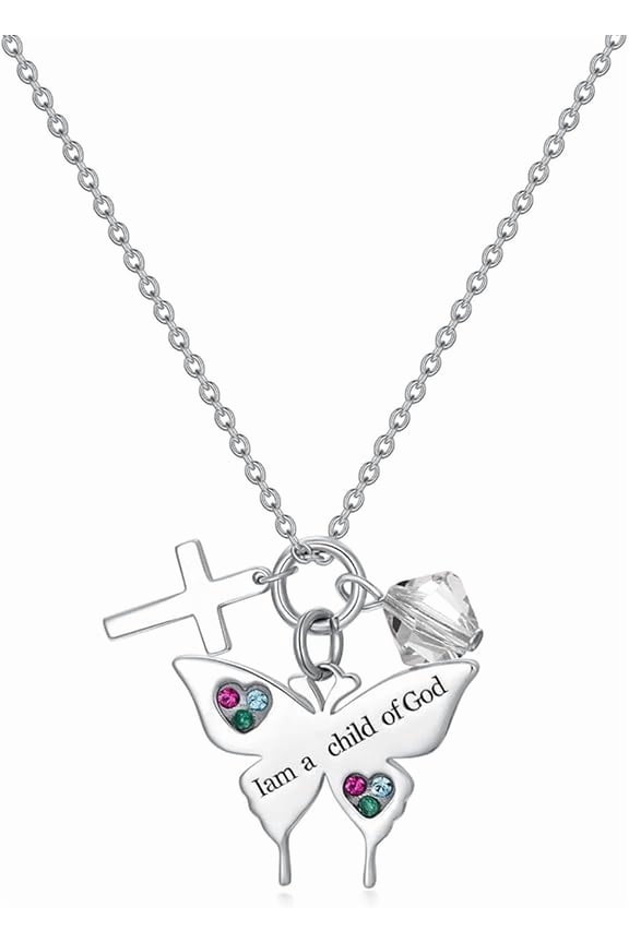 925 Sterling Silver Cross Butterfly Necklace Baptism Communion Birthday Conformation Gifts for Daughter Granddaughter Niece with 12 Birthstones