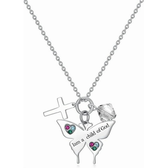 SISGEM 925 Sterling Silver Cross Butterfly Necklace Baptism Communion Birthday Conformation Gifts for Daughter Granddaughter Niece with 12 Birthstones