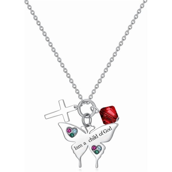 SISGEM 925 Sterling Silver Cross Butterfly Necklace Baptism Communion Birthday Conformation Gifts for Daughter Granddaughter Niece with 12 Birthstones