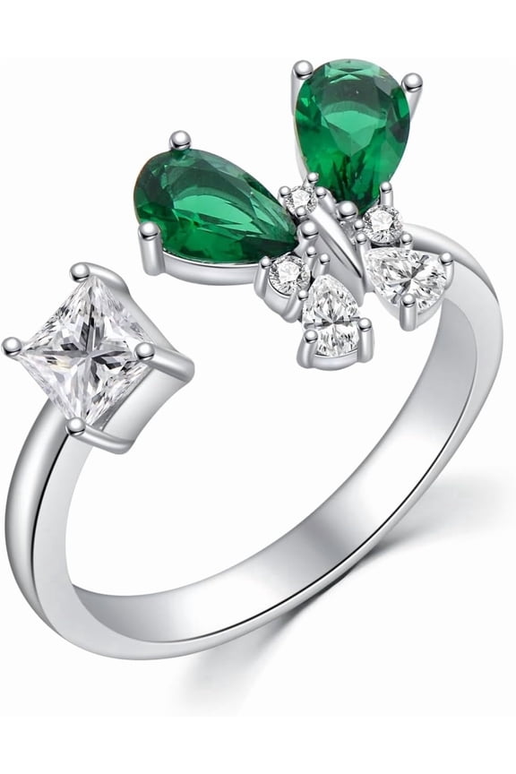 925 Sterling Silver Drangonfly/Butterfly Open Finger Rings Adjustable Dainty Gemstone Sapphire Emerald Green Ring for Women Round/Pear/Princess Engagement Promise Ring