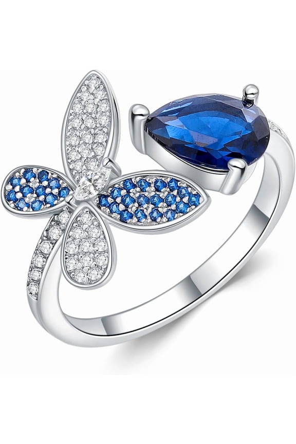 925 Sterling Silver Drangonfly/Butterfly Open Finger Rings Adjustable Dainty Gemstone Sapphire Emerald Green Ring for Women Round/Pear/Princess Engagement Promise Ring