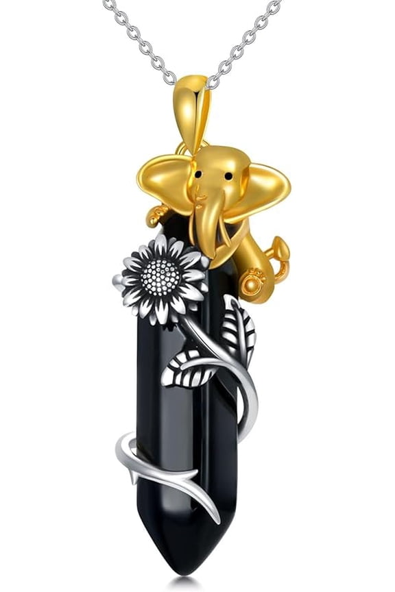 925 Sterling Silver Elephant Necklace for Women Men Reiki Healing Crystal Hexagonal Gemstone Birthstone Pendant Jewelry for Mom Her