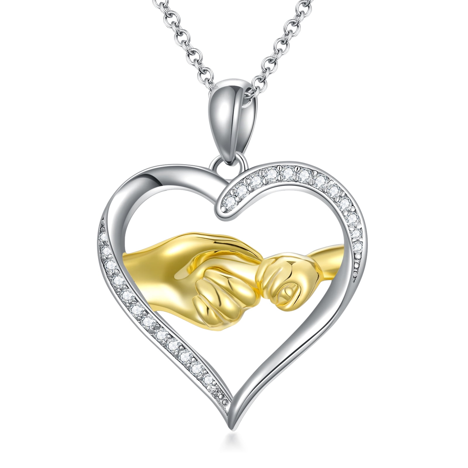 INFUSEU Sterling Silver Mother Daughter Heart Necklace Set - 20" & 18" Chains, Cubic Zirconia