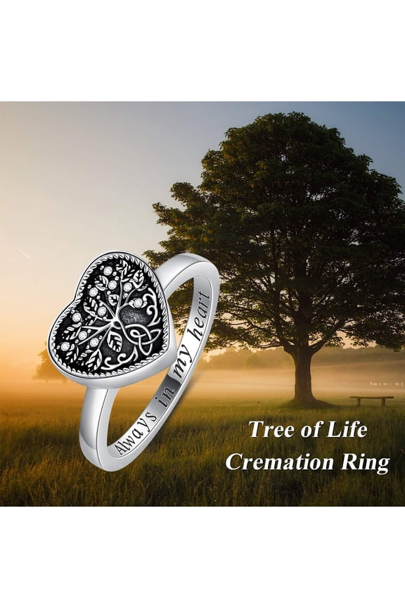 925 Sterling Silver Heart Tree of Life Celtic Knot Cremation Urn Ring Holds Loved Ones Ashes, Always in My Heart Urn Ring for Ashes for Women, Memorial Keepsake Jewelry with Austrian Crystals