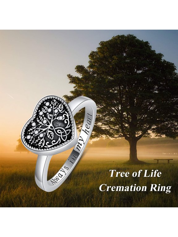 925 Sterling Silver Heart Tree of Life Celtic Knot Cremation Urn Ring Holds Loved Ones Ashes, Always in My Heart Urn Ring for Ashes for Women, Memorial Keepsake Jewelry with Austrian Crystals